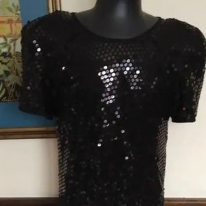 Womens LIZ CLAIBORNE Black  Sequin Cocktail Formal Dress 14 Evening Short Sleeve